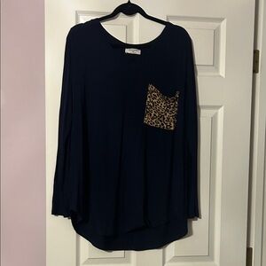 Zenana Outfitters Navy Long Sleeve Top with Leopard Pocket